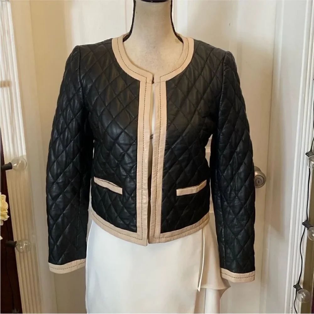 Massimo Dutti Black Quilted genuine leather Jacket with beige Trim, S